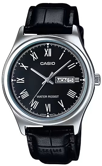 CASIO COLLECTION Mod. DAY DATE, ROMAN INDEXES. LEATHER - BLACK