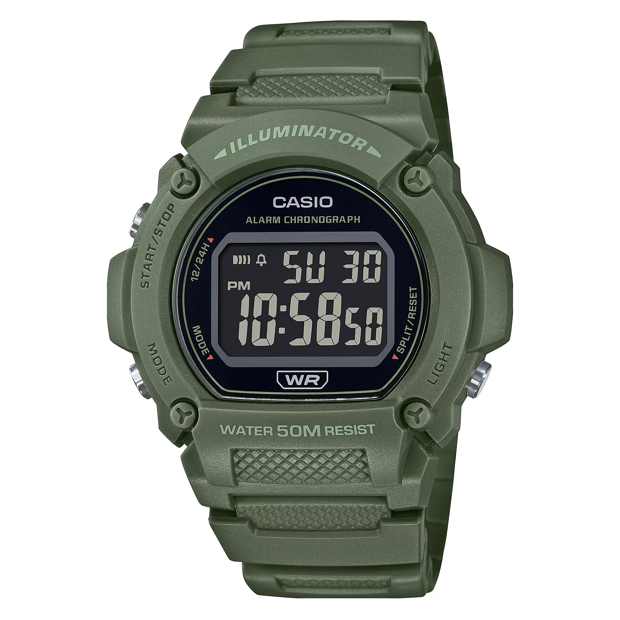CASIO TIMELESS COLLECTION Mod. SPORT- ILLUMINATOR WR 50M, ALARM, CHRONOGRAPH - ARMY GREEN - COLORED SERIE